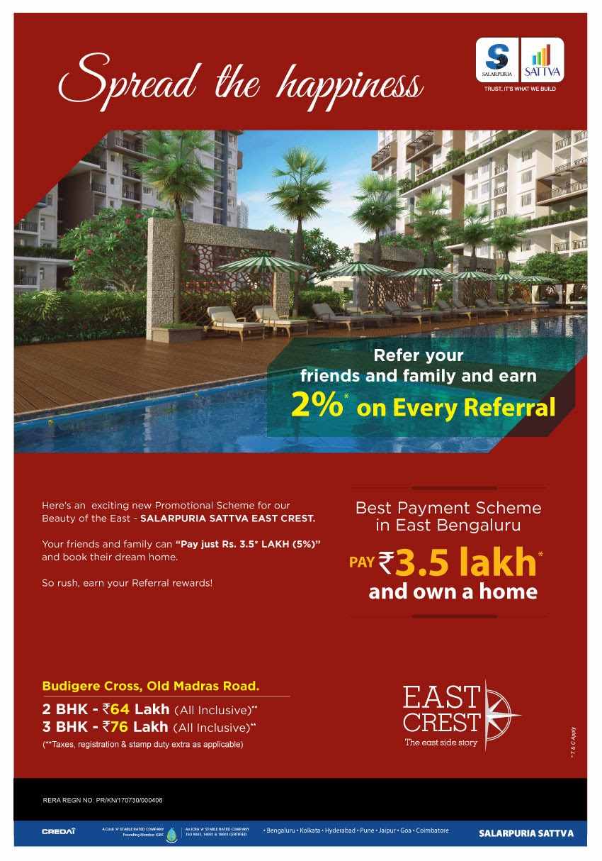 Pay just Rs. 3.5 Lakhs and book the dream home at Salarpuria Sattva East Crest in Bangalore